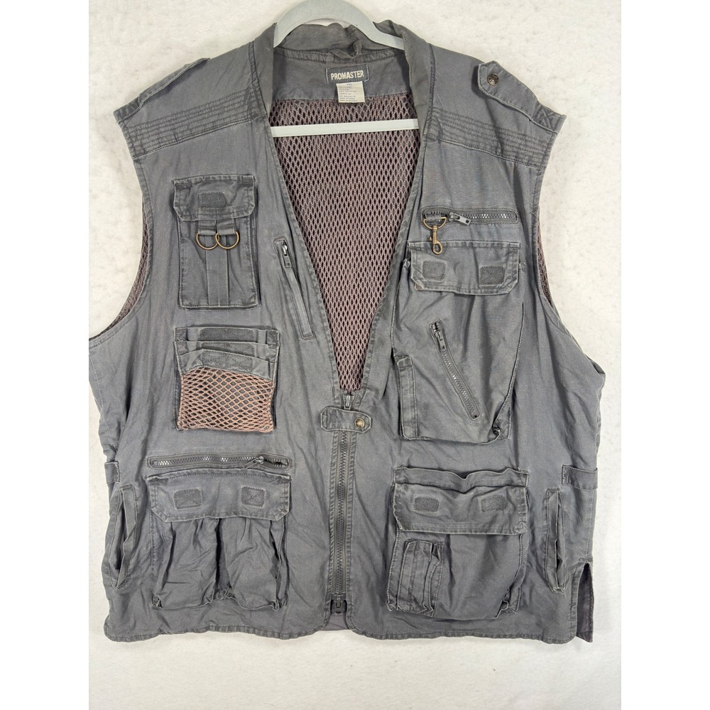 Promaster Mens XXL Utility Photography Fishing Vest Gray Multi Pocket Mesh Lined